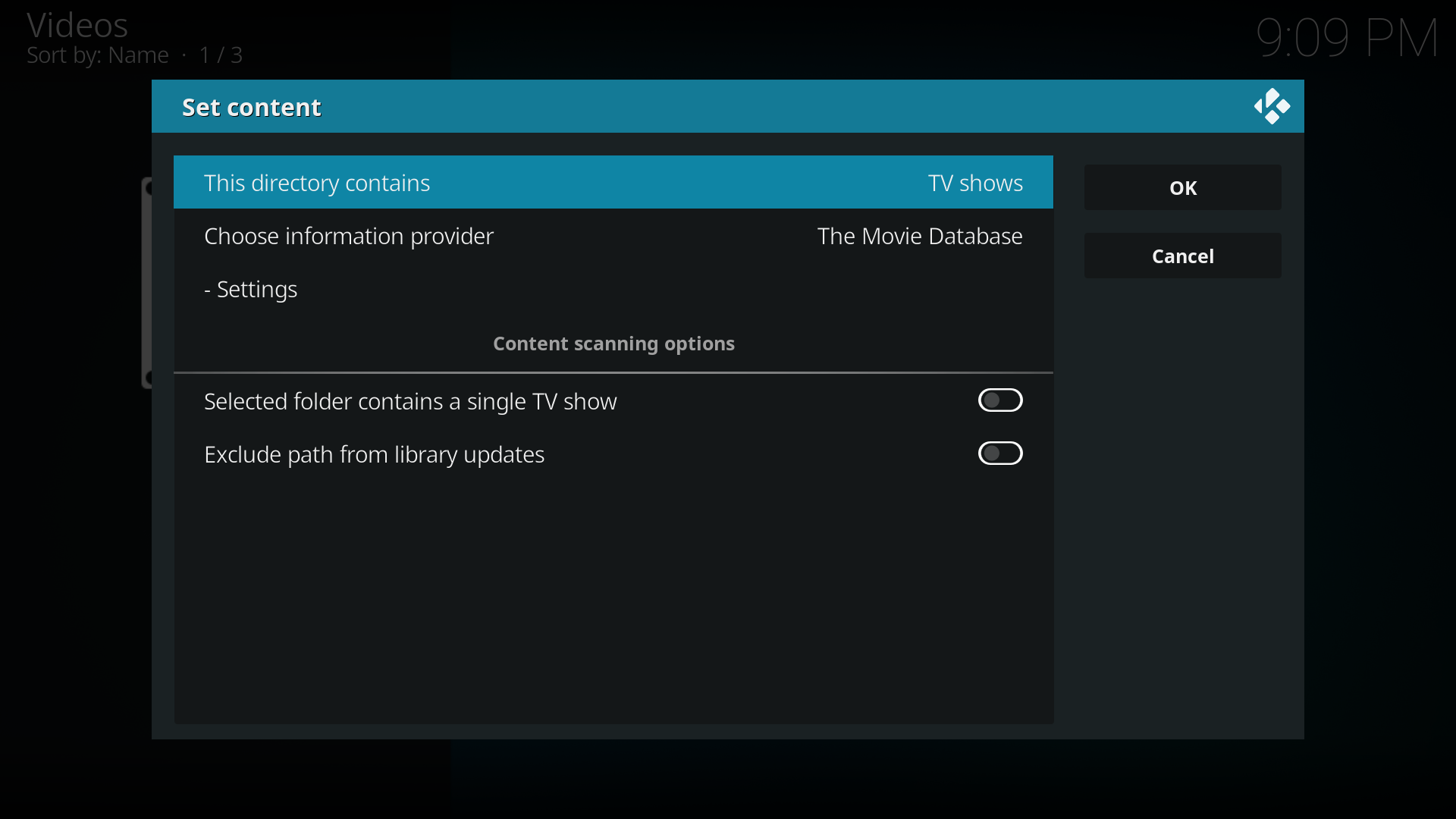 Step 9b: The Movie Database for TV Shows is the default scraper and is automatically selected. * Select Choose information provider to install another scraper if required * For the Scraper Settings, see the next section TV Show Scraper * For the remaining settings see TV Show- Content scanning options below