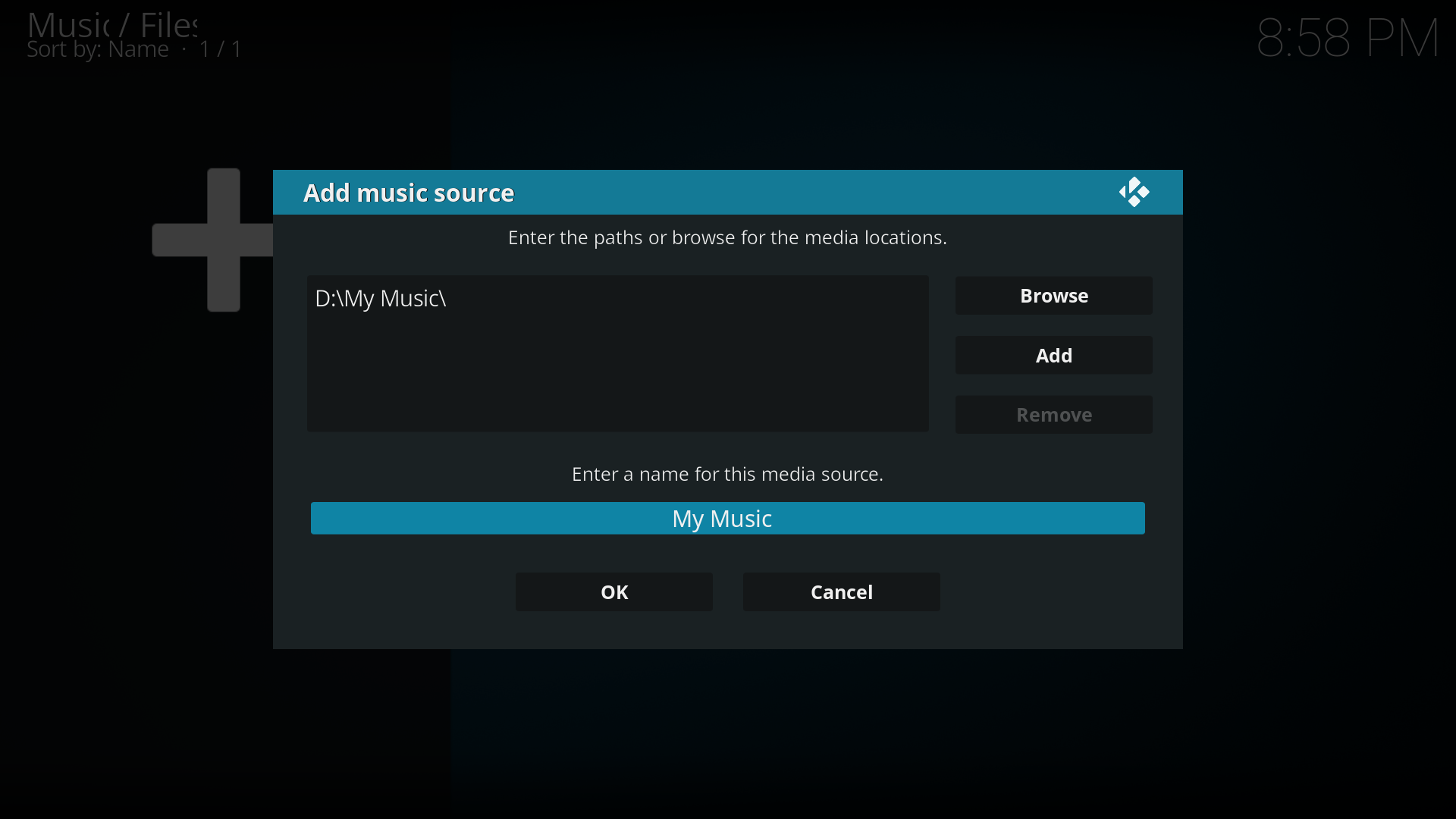 Step 5: You will now be taken back to the Add music source window where under Enter a name for this media source you can name your media source. If you don't enter a name then, by default, Kodi will use the folder name as the name for your source. You can then select OK.