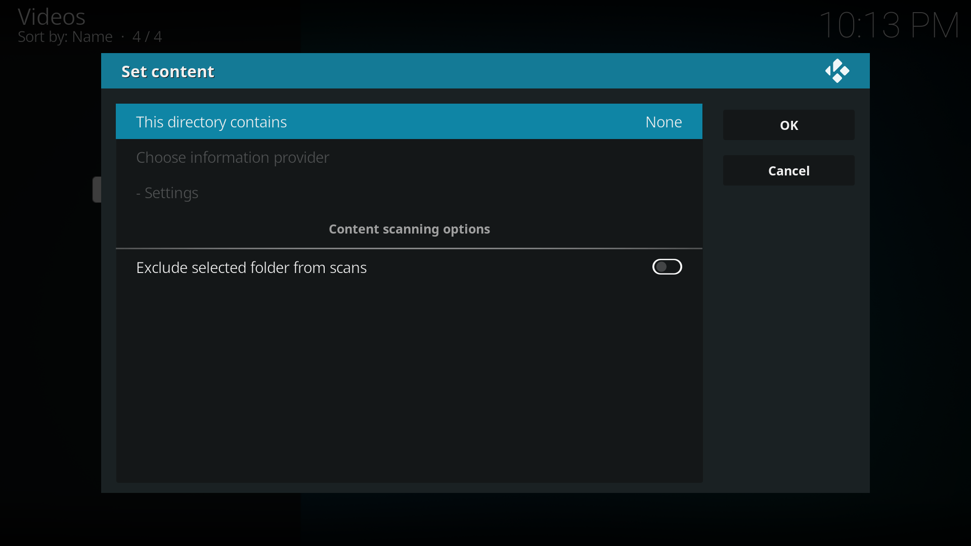 Step 6: The set content window will display, this is where you tell XBMC what type of media is in the folder. Press the down arrow until you reach the correct type (in this example movies)