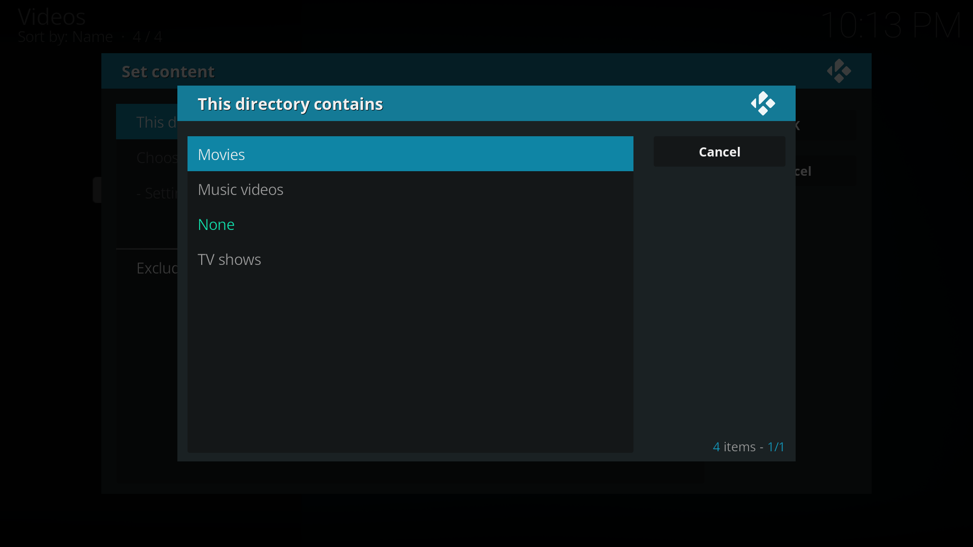 Step 6: The set content window will display, this is where you tell Kodi what type of media is in the folder. Select This directory contains and in the new window select the media type(in this example movies).