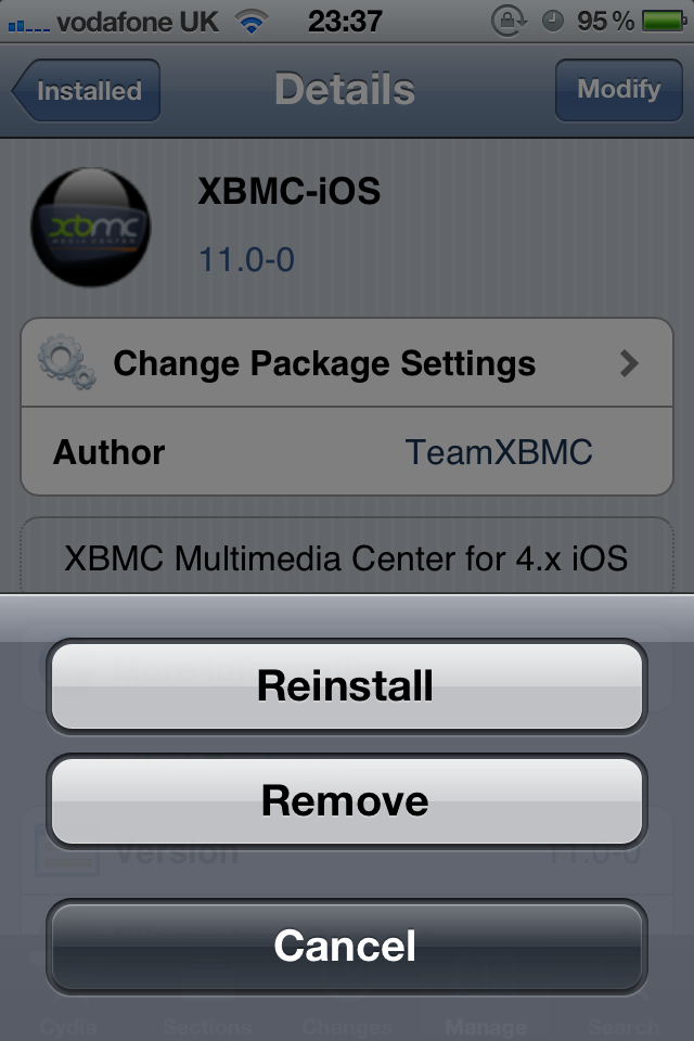 Step 4: Tap on Modify in the top right and then choose Remove from the pop up menu. Step 5: Let Kodi uninstall and then press Return to Cydia.