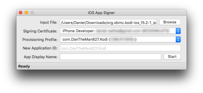 Step 7: Open iOS App Signer and select your signing certificate and provisioning profile, click start and choose a location to save the output.