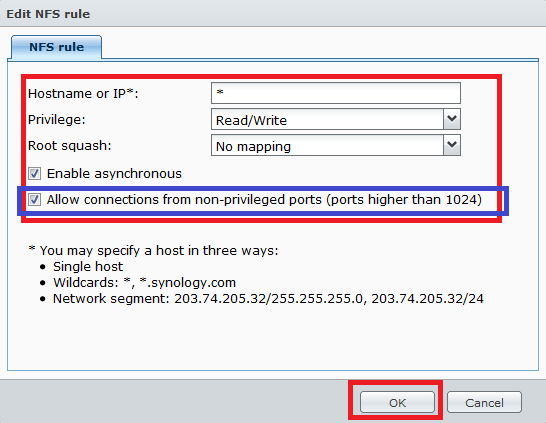 Step 8: As per example allow all IPs (or the desired IP for your HTPC) with read/write permissions with no mapping and enable asynchronous. The option to allow connections from non-priviledged hosts is new in DSM version 4.3-3776. With this option the following steps 10 to 14 are no longer needed. --> OK