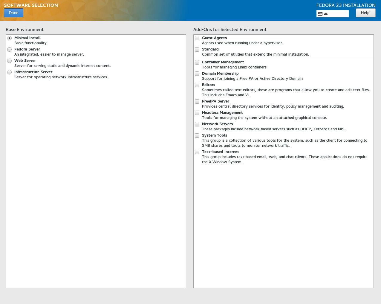 Fedora Installation Software Selection Screen