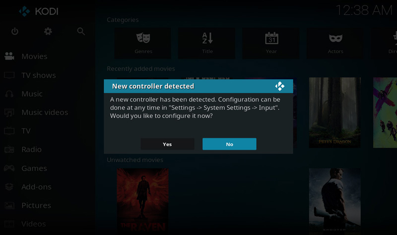 Kodi shows an "Unknown controller detected" message