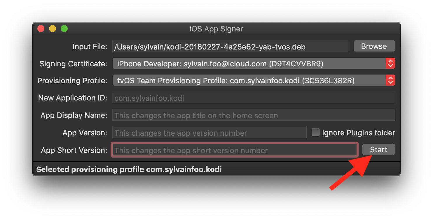 Step 7: Now open iOS App Signer, click on "Browse" and choose the Kodi DEB file, select the signing certificate corresponding to your Apple account, select the provisioning profile corresponding to the organization identifier that you have previously chosen, then click on "Start".