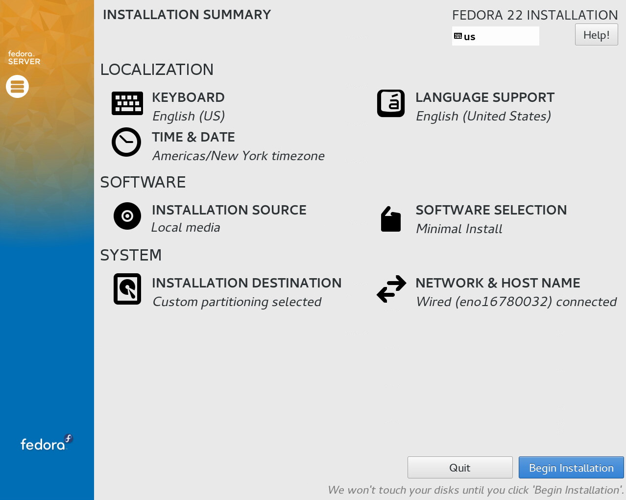 Fedora Installation Main Installation Screen