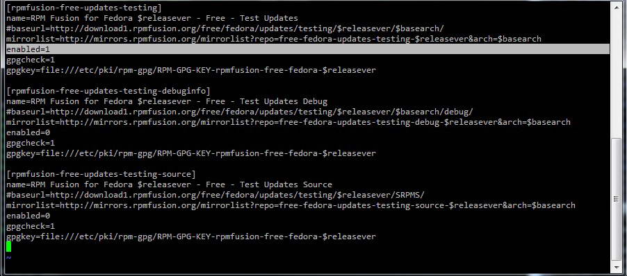 /etc/yum.repos.d/rpmfusion-free-updates-testing.repo: after enabling testing repo