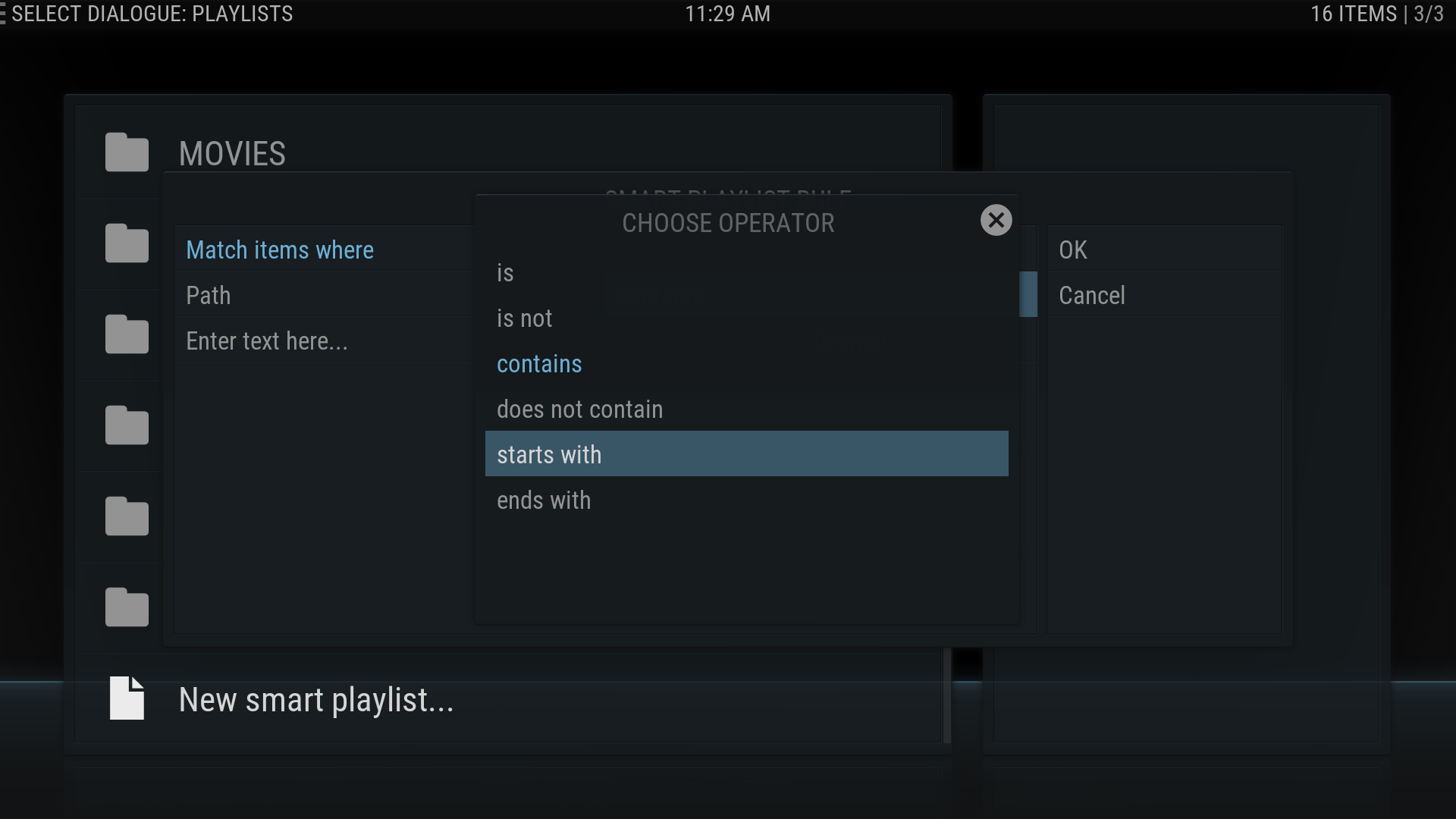 8. Choose starts with from the SMART PLAYLIST RULE dialog box.