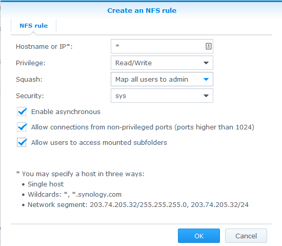 Step 7: As per example allow all IPs (or the desired IP for your HTPC) with read/write permissions, Squash Map all users to admin, Security sys, and enable asynchronous. The option allow connections from non-priviledged ports selected. Allow users to access mounted subfolders also selected.