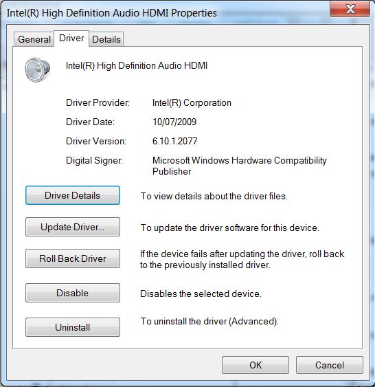 Step 2: Go to Driver tab and ensure Driver Provider shows the manufacturer of your device. If Microsoft is shown here then you have a driver provided by your Windows installation or Windows Update. In the case of HDMI being used to provide audio you must ensure the driver is provided by your device manufacturer as the Microsoft provided ones will usually have reduced functionality such as HD Audio formats not supported.