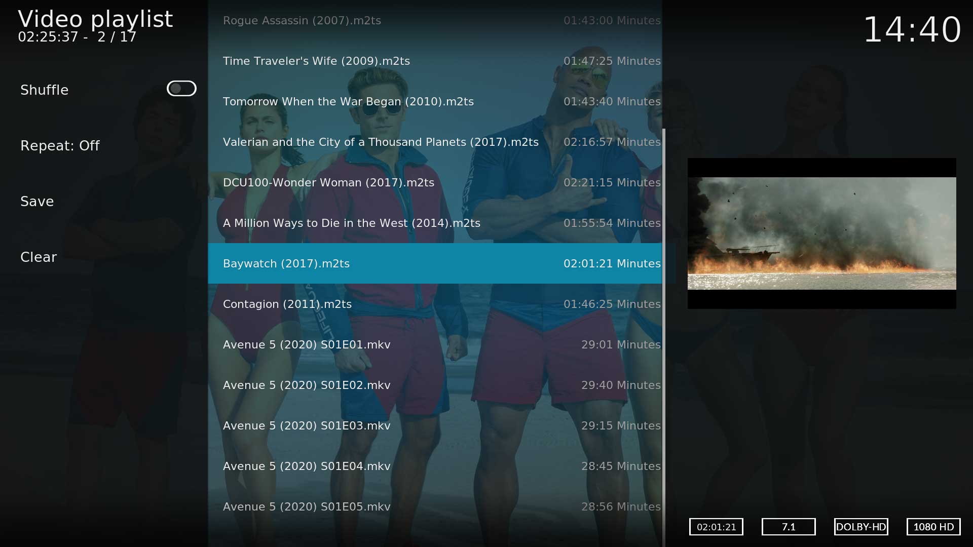 Image 5- The playlist view. Note the combined Movies and Episodes.