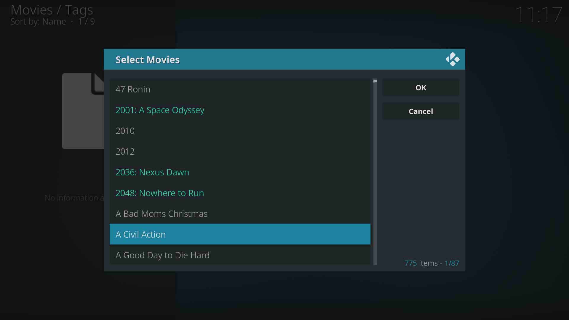 Image 5: From the pop-up Select Movies box, choose each movie to add to the list. Use ↵ Enter on a keyboard to select, then move to the next item. Press OK when finished.