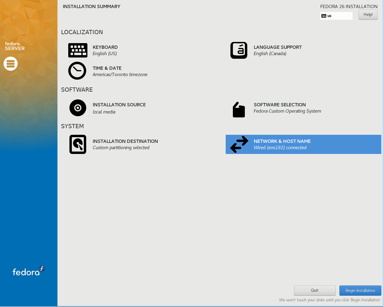 Fedora Installation Main Installation Screen