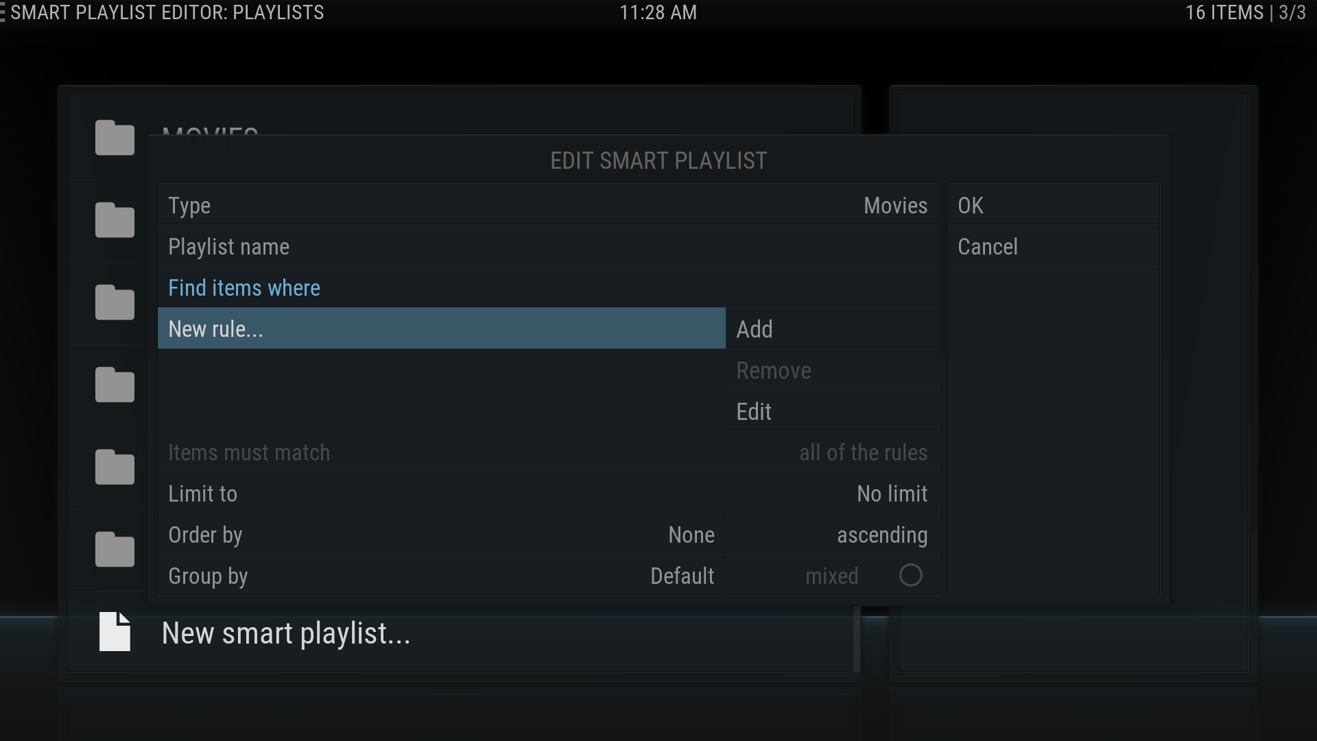 6. In the EDIT SMART PLAYLIST dialog box click on New rule….