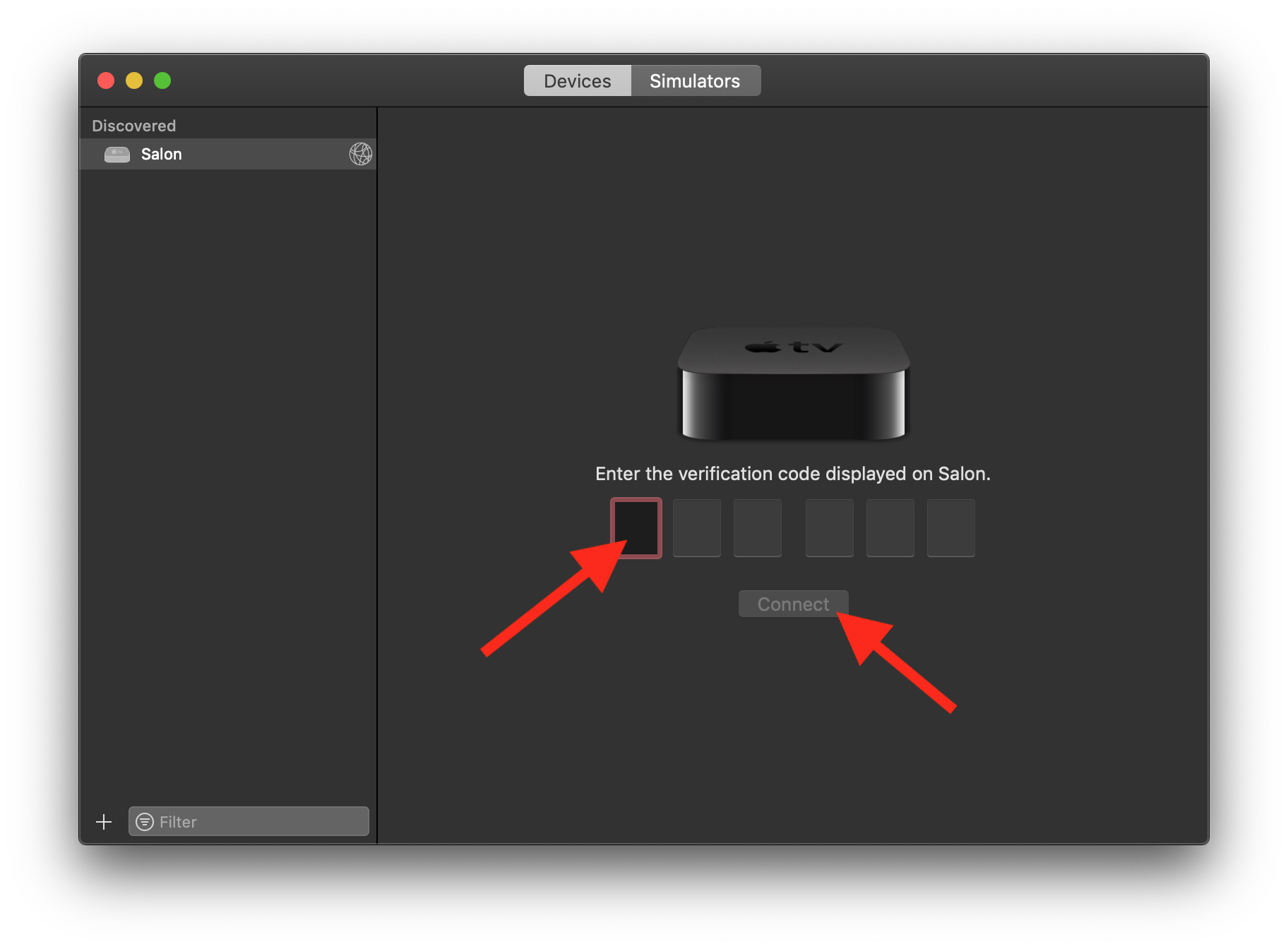 Step 7: Fill the verification code that appear on your Apple TV screen and click on "Connect". Your device is now paired with Xcode!