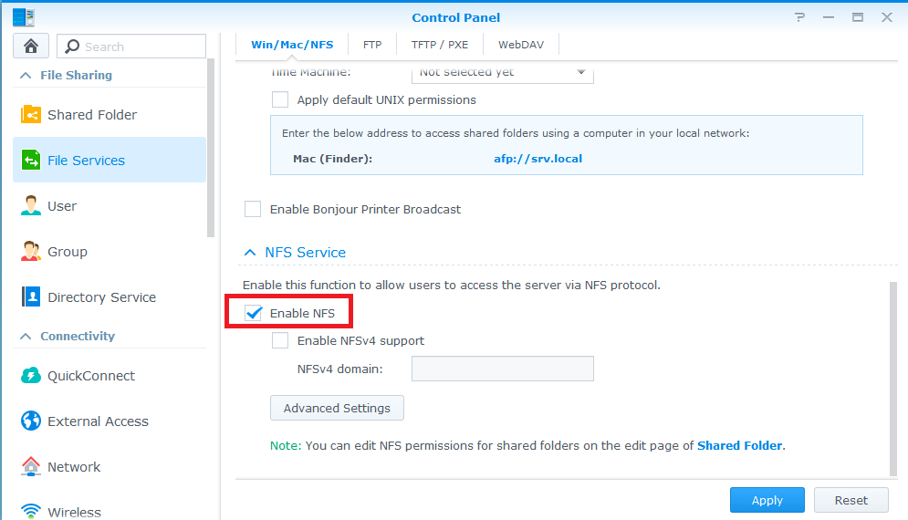 Step 2: NFS Services --> Enable NFS --> Press Apply