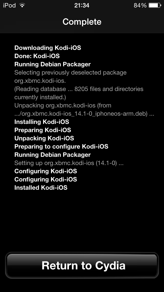 Step 7: Let it install, then exit Cydia. You should now have a new Kodi icon on your screen.