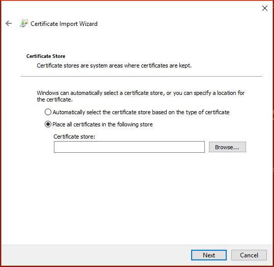 4. Select Place all certificates in the following store then select Browse