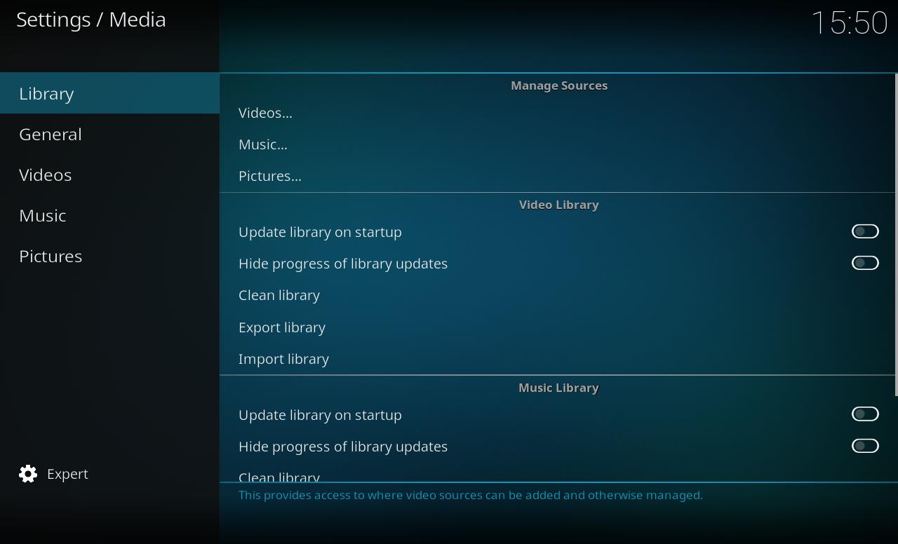 Step 1b - Go to Kodi System Settings ► Media ► Library ► Manage Sources