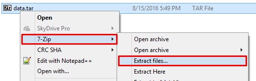 Step 2: Open the resulting Folder and you will find data.tar file inside. Simply extract data.tar file with Right Click > 7-zip > Extract Files.