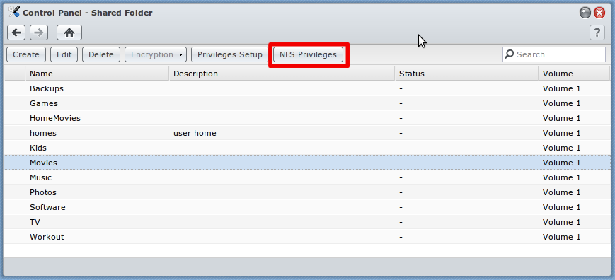 Step 6: On NFS Privileges tab select entry for the folders you want to share e.g. Movies