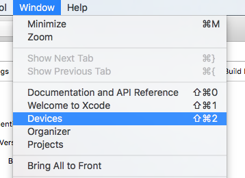 Step 8: In Xcode, click the Window menu and then Devices.