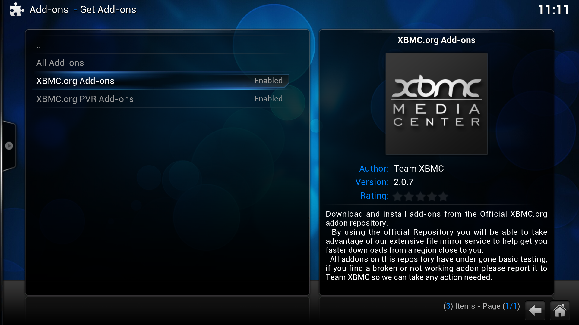 Step 2: Select the repository you want to install from. XBMC.org Add-ons and XBMC.org PVR Add-ons are the two official add-on repositories. (see How to install additional add-on repositories for more)