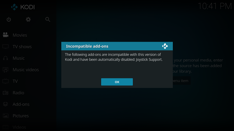 Kodi shows an error about "Joystick Support"