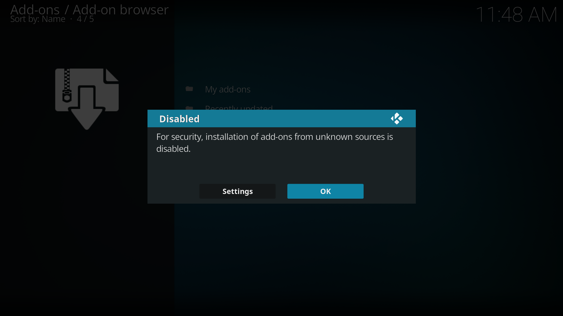 Step 2: If you have not enabled Unknown Sources, you will notified that it is disabled. If you wish to enable select Settings, if you do not wish to enable select OK. If you have already enabled Unknown sources skip to Step 6'.