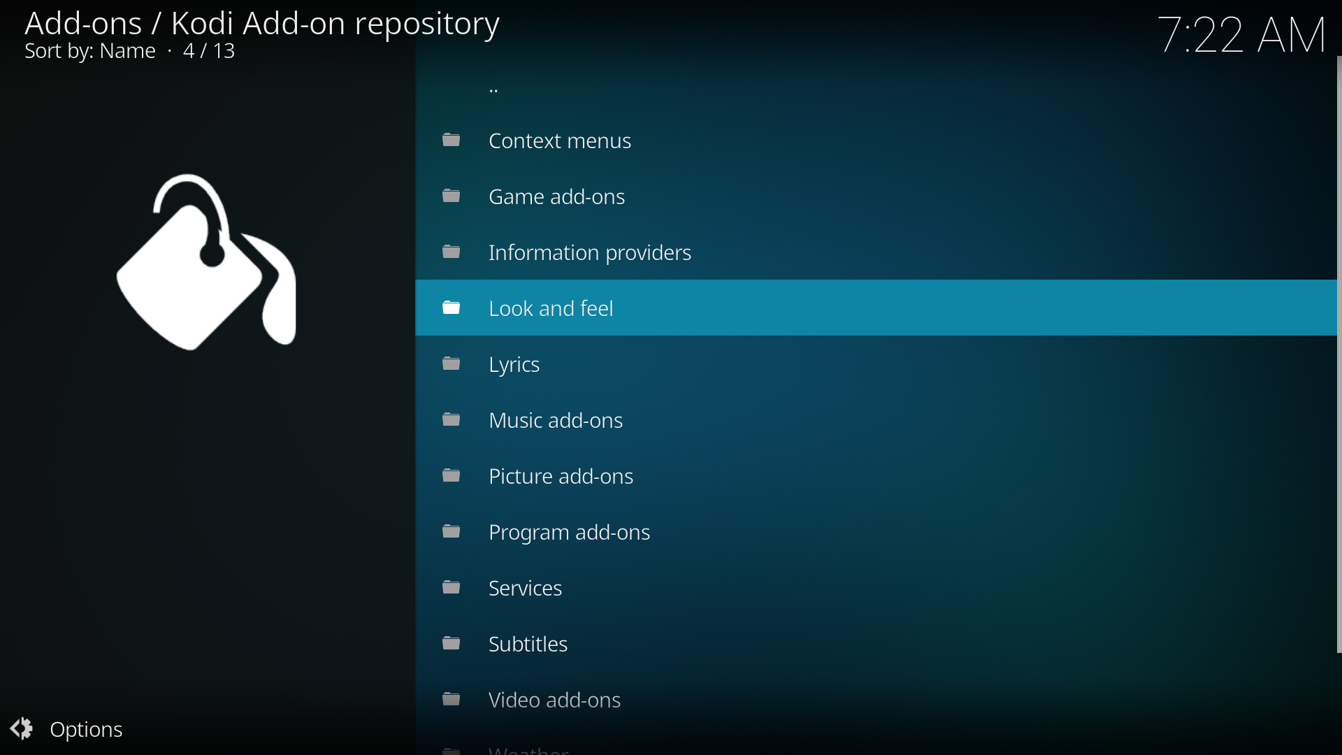 Step 3 Select the add-on category, in this case Look and feel (applies to Kodi Jarvis and up only).