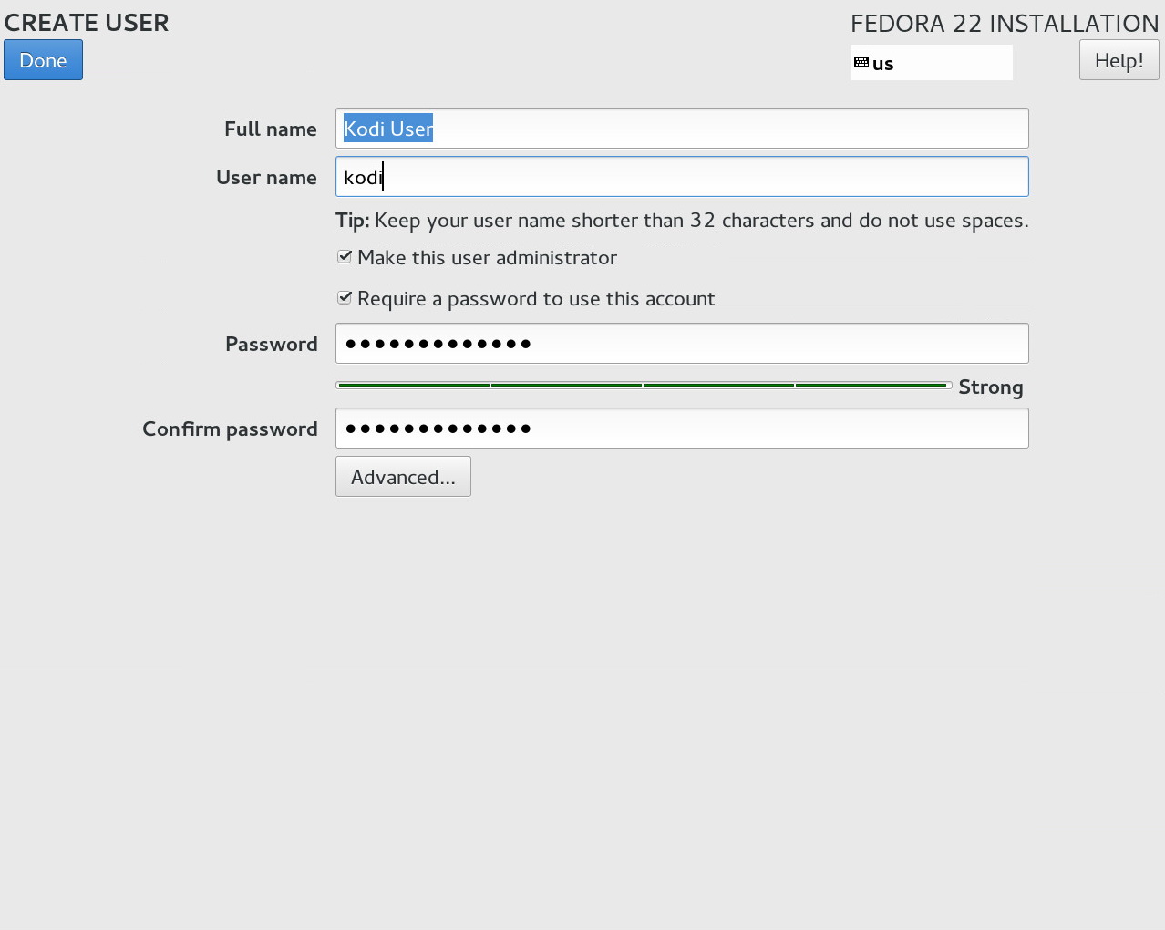 Fedora User-Creation Screen