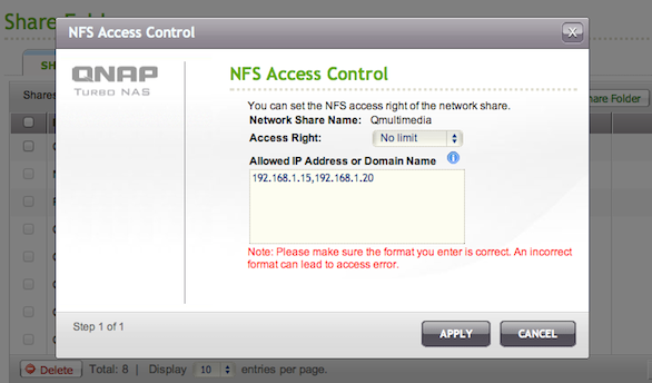 Step 4: Click on the NFS icon next to Qmultimedia (or whatever the name of your media share on the QNAP) and set Access Right to No Limit and put in the IP Address of each individual device that requires NFS connection (ATV2, Desktop, Laptop, etc.), Press Apply