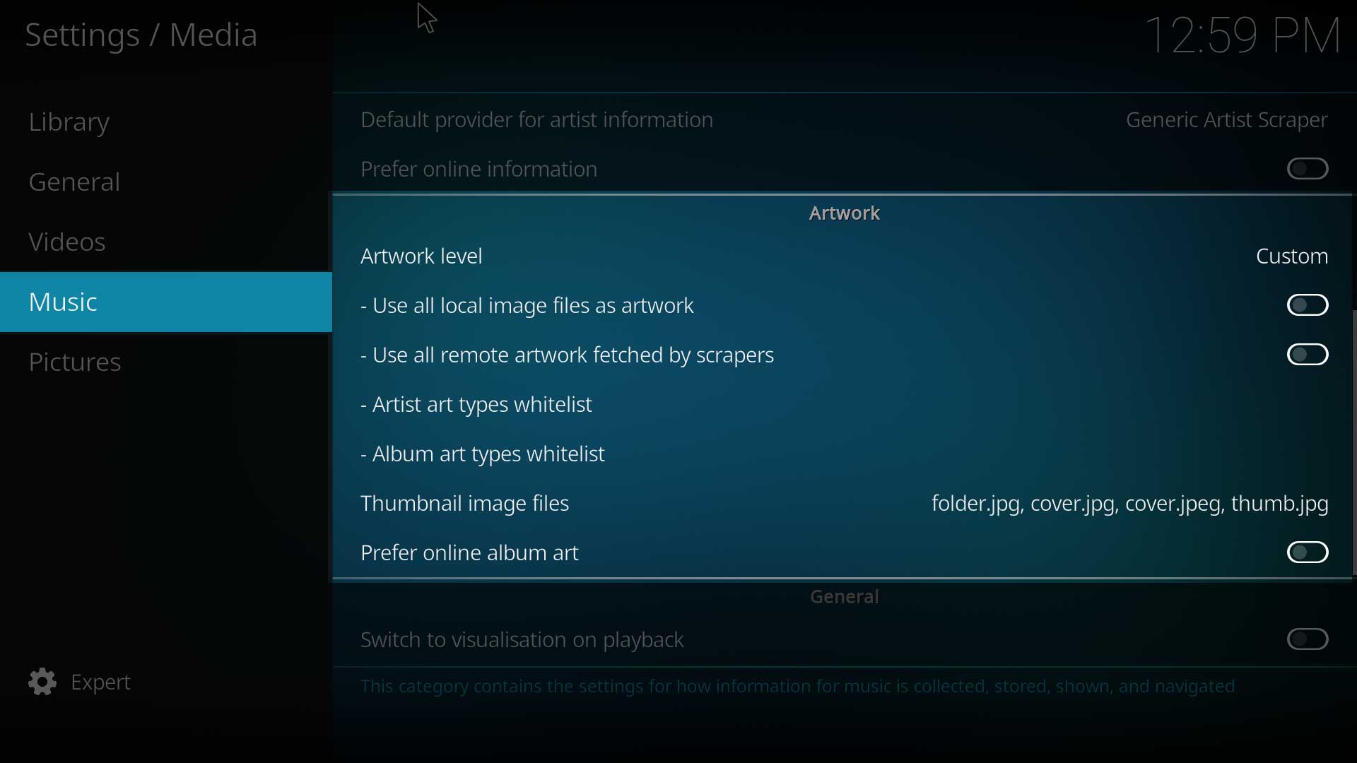 Image 5 - Avaialble settings for the Custom artwork level