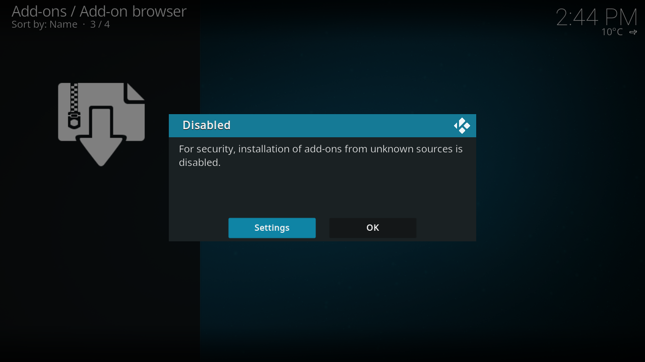 Step 2: If you have not enabled Unknown Sources, you will notified that it is disabled. If you wish to enable select Settings, if you do not wish to enable select OK. If you have already enabled Unknown sources skip to Step 6'.